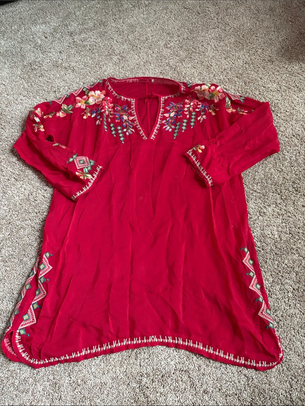 Johnny Was Vibrant Red Embroidered Boho Tunic